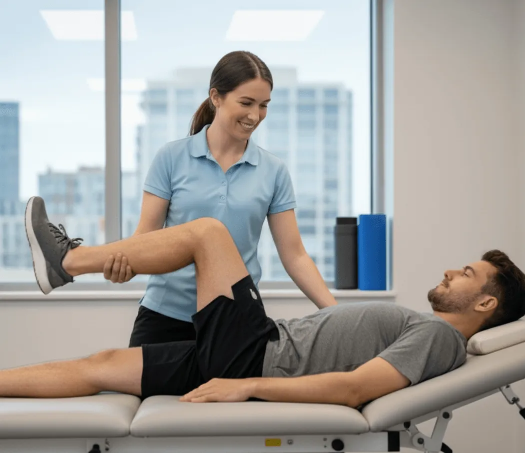 Physiotherapist guiding a patient through movement